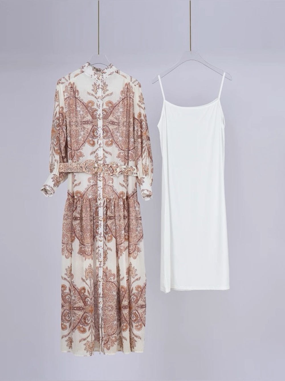 Designer-Style Cream & Brown Paisley Maxi Shirt Dress with Slip
